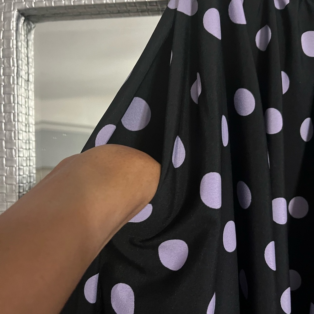 Long soft purple polka-dot ankle-length skirt, silky soft material.